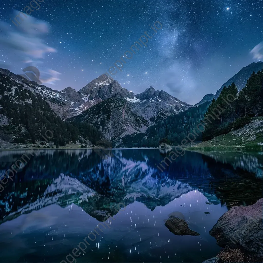 Moonlit mountain lake with reflection of stars - Image 1