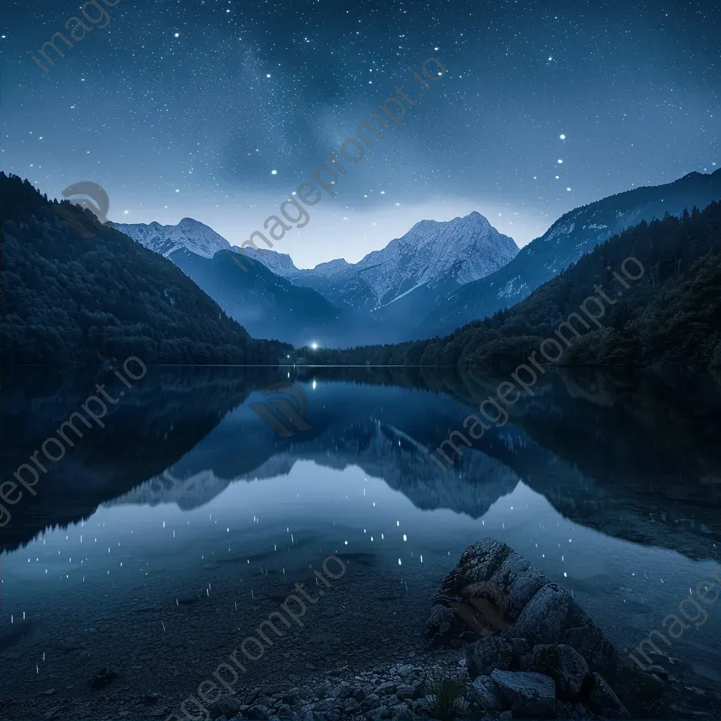 Moonlit mountain lake with reflection of stars - Image 2