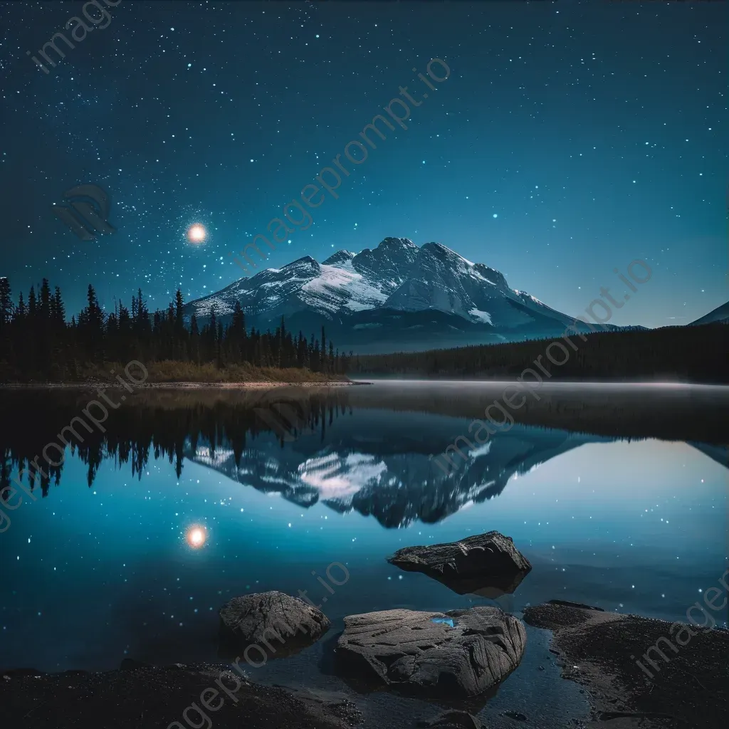 Moonlit mountain lake with reflection of stars - Image 3