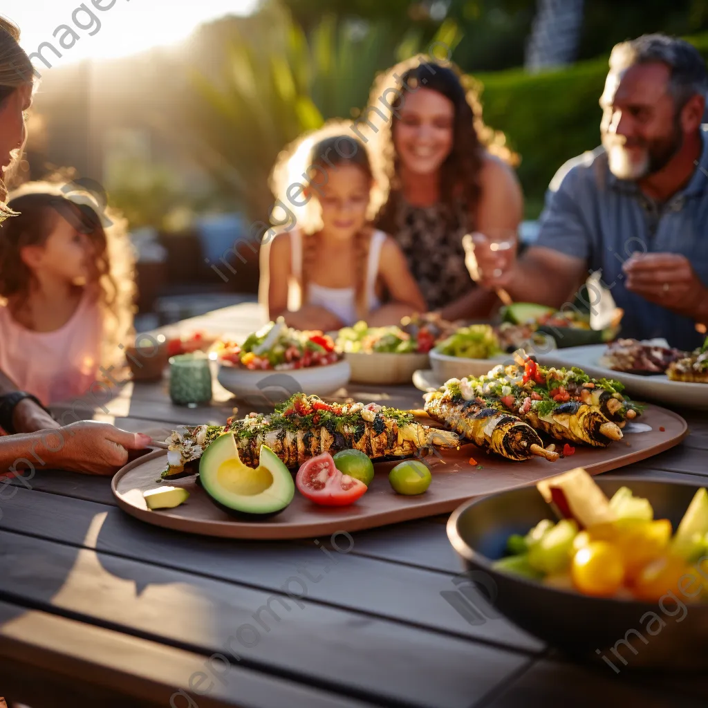 Family enjoying grilled fish tacos at a patio table - Image 1