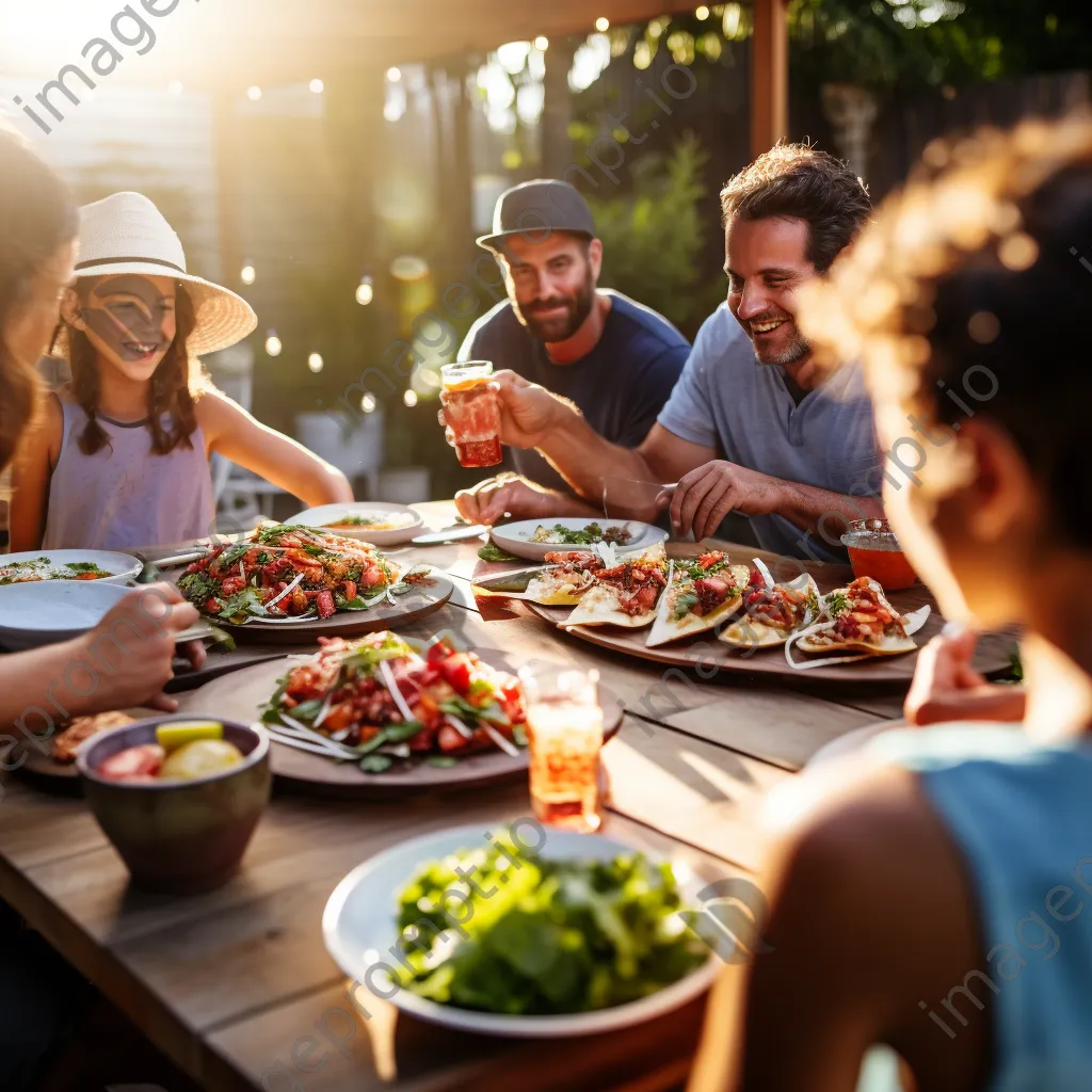 Family enjoying grilled fish tacos at a patio table - Image 3