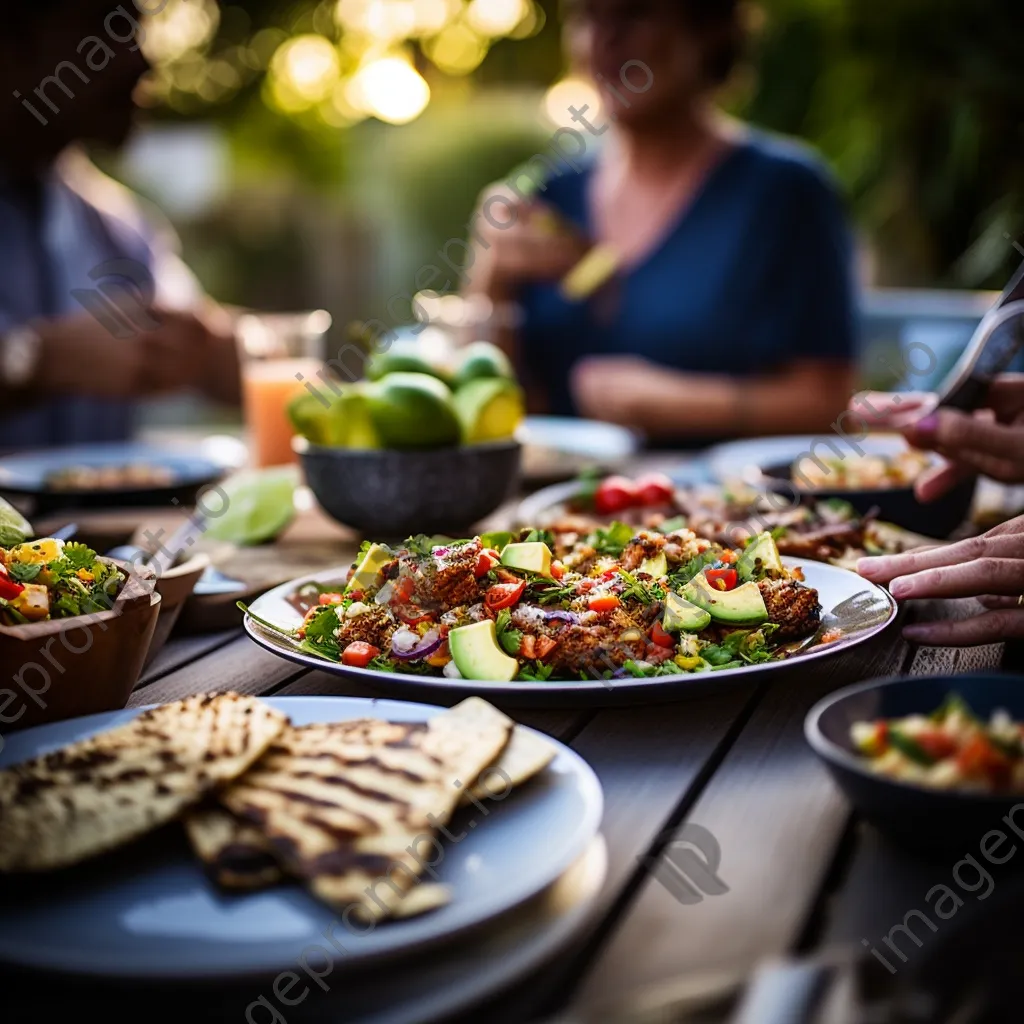 Family enjoying grilled fish tacos at a patio table - Image 4