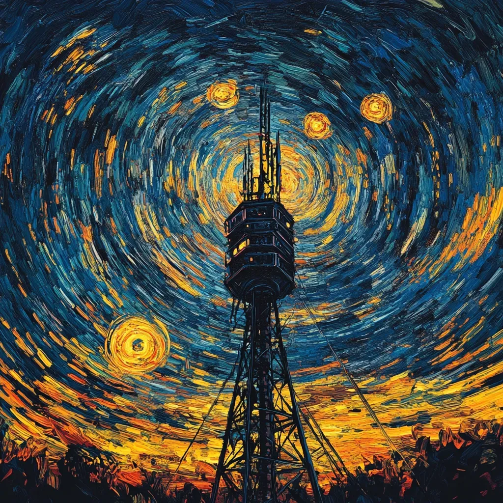 Digital artwork of a broadcasting tower under a star-filled sky, inspired by Van Gogh