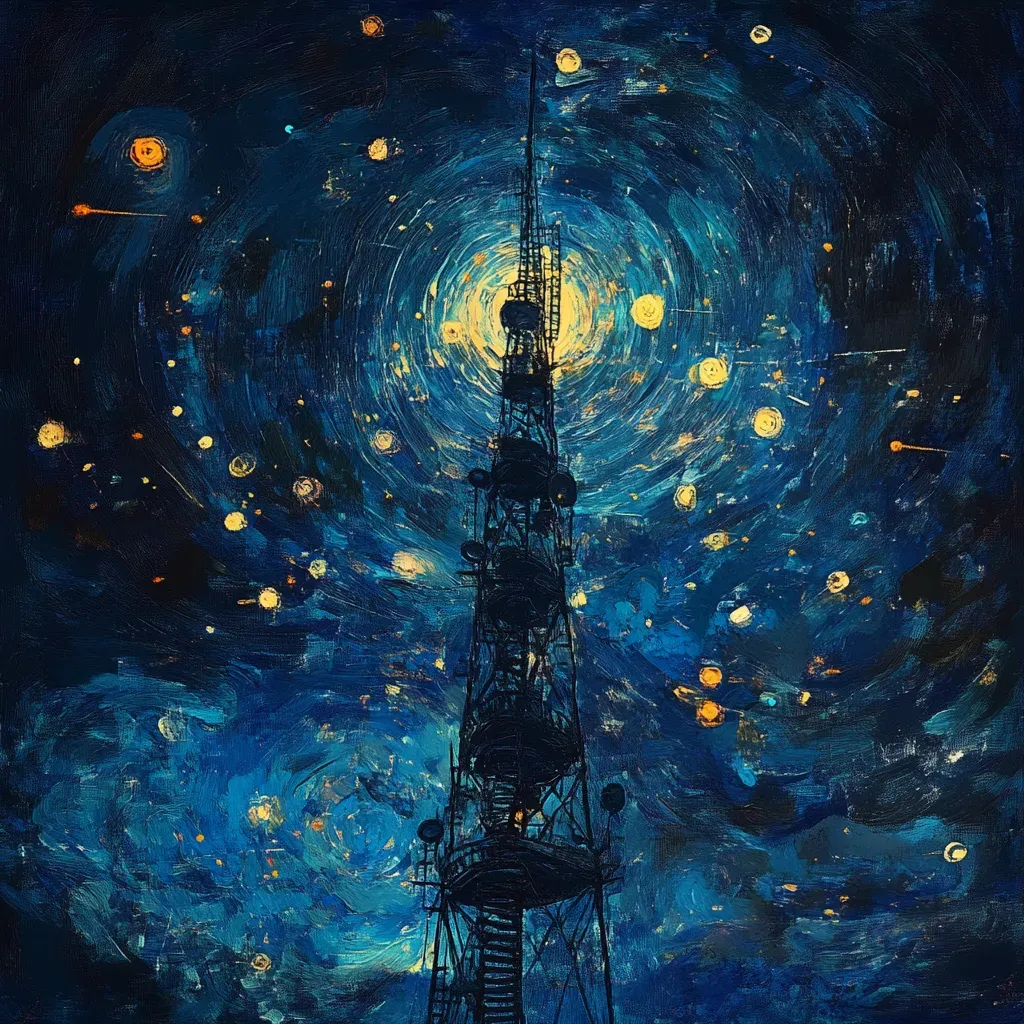 Digital artwork of a broadcasting tower under a star-filled sky, inspired by Van Gogh