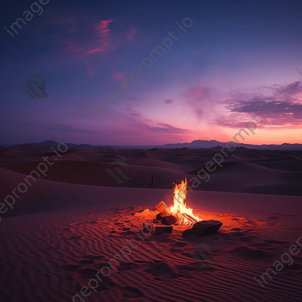 Campfire glowing against sand dunes at twilight - Image 1