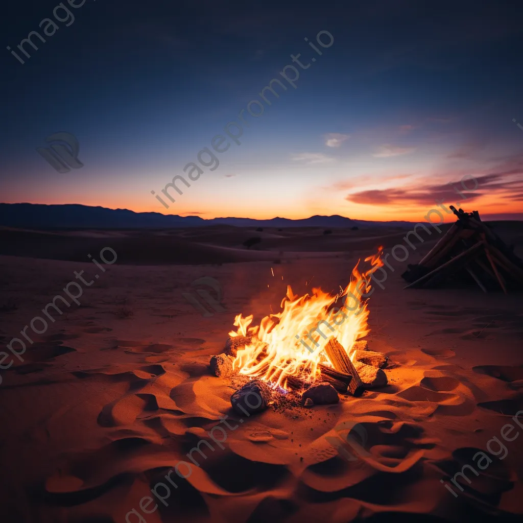 Campfire glowing against sand dunes at twilight - Image 3