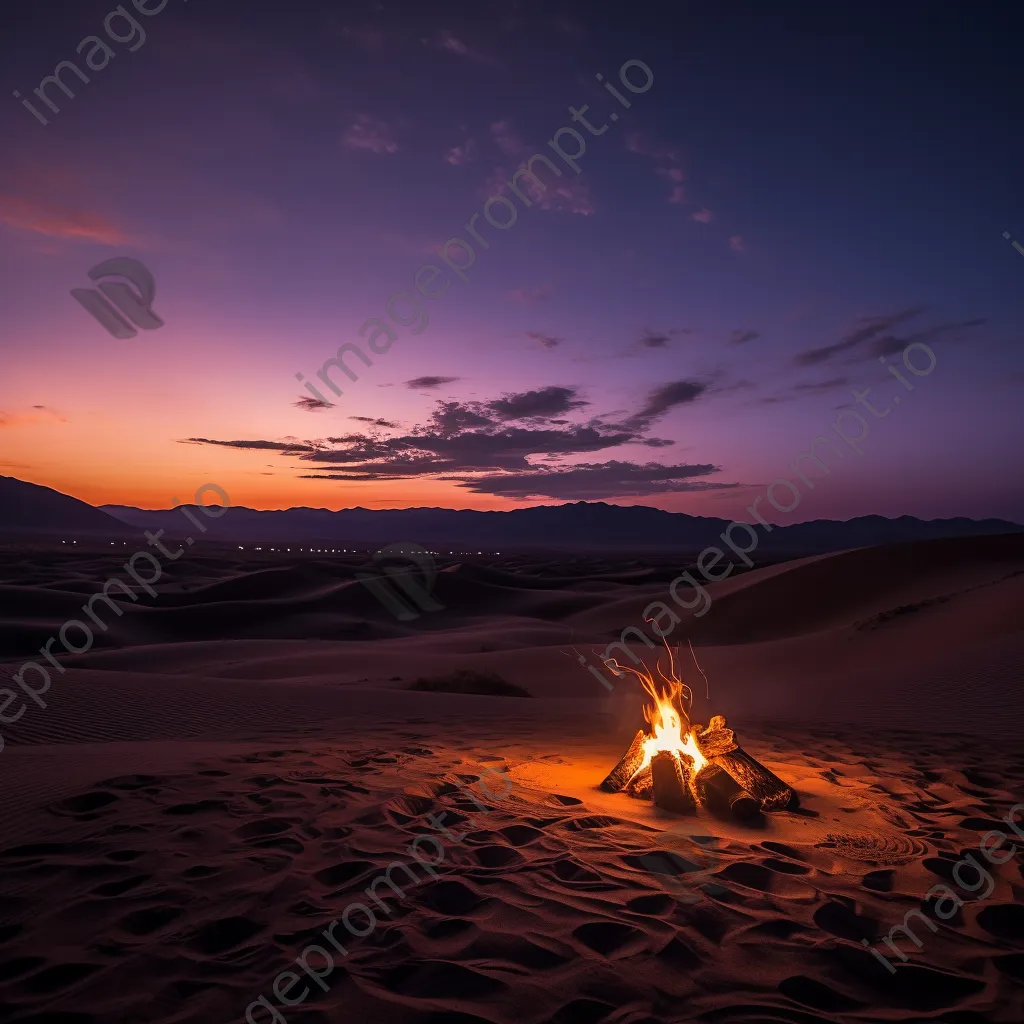 Campfire glowing against sand dunes at twilight - Image 4