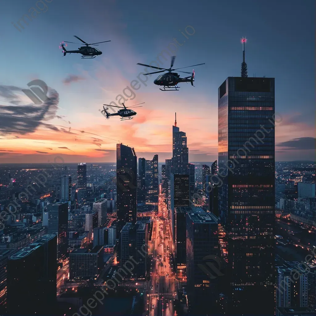 City skyline at sunset with helicopters flying, aerial view - Image 1