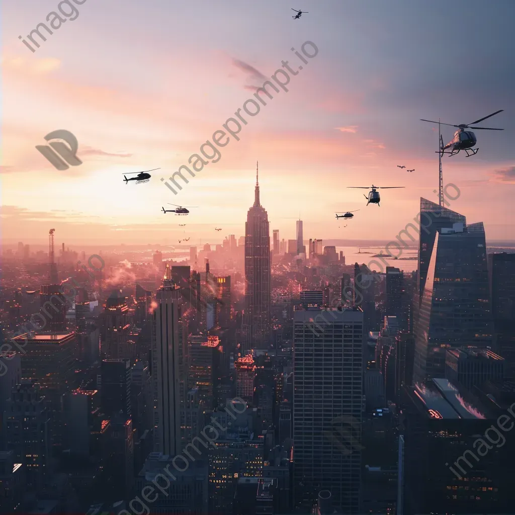 City skyline at sunset with helicopters flying, aerial view - Image 2