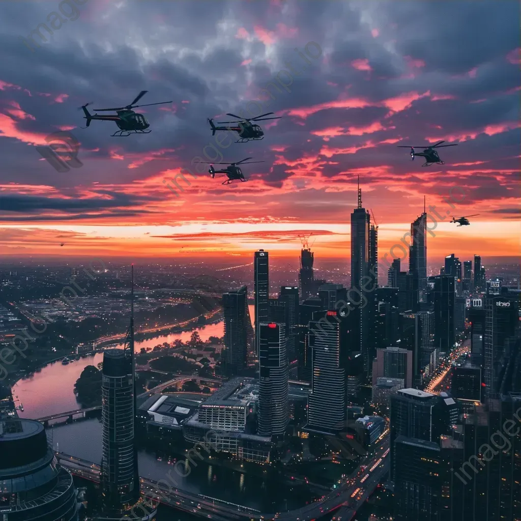 City skyline at sunset with helicopters flying, aerial view - Image 3