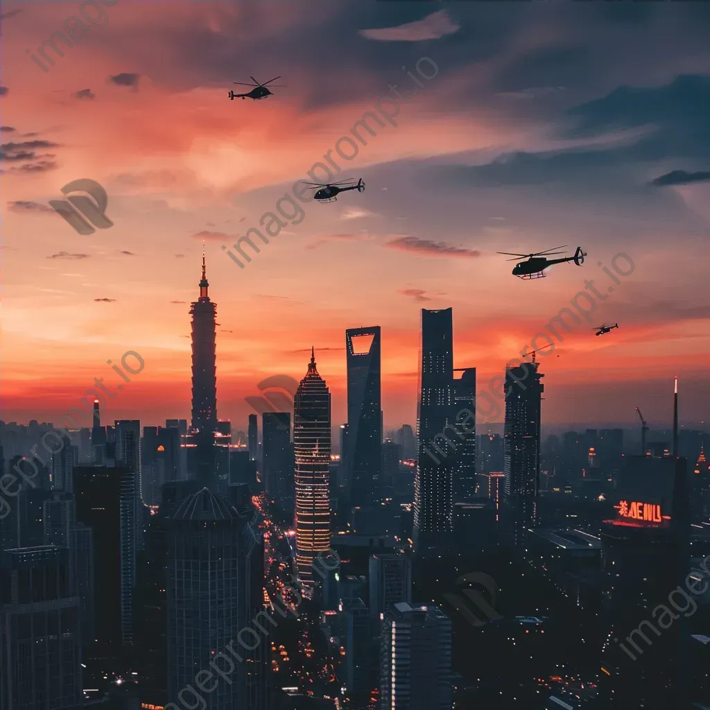 City skyline at sunset with helicopters flying, aerial view - Image 4