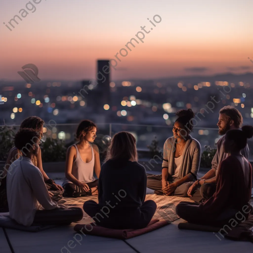 Group meditating on a rooftop terrace - Image 1