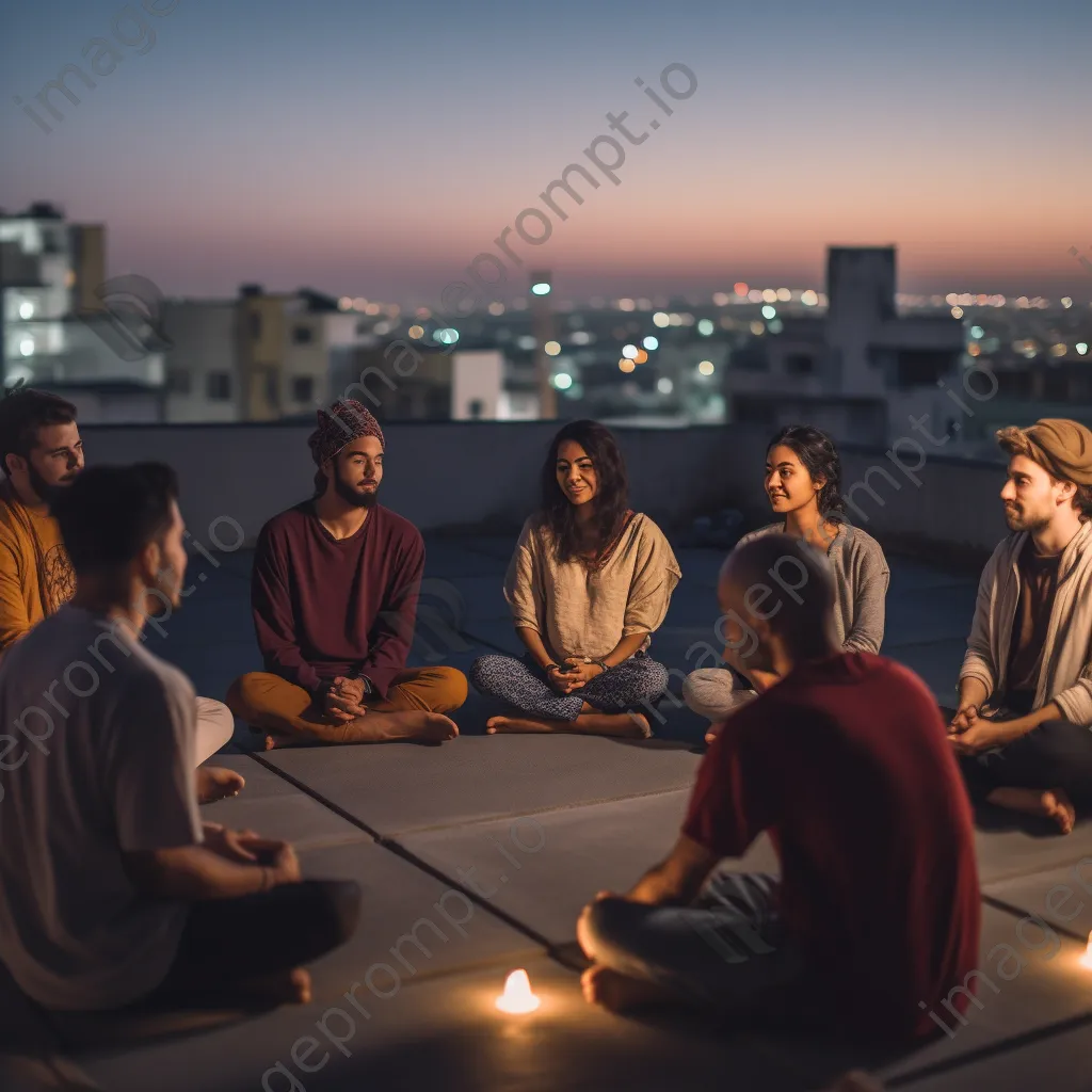 Group meditating on a rooftop terrace - Image 2