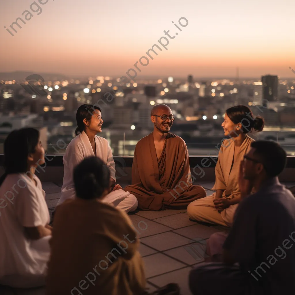 Group meditating on a rooftop terrace - Image 3