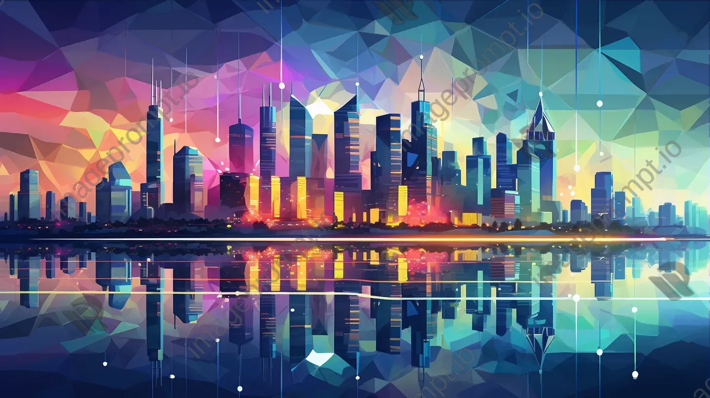 Geometric, low poly city skyline at dusk with twinkling lights - Image 3