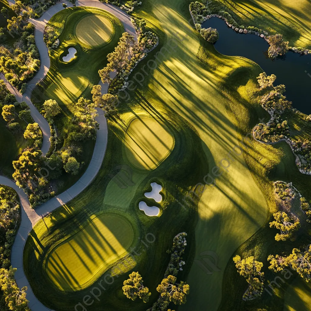 Aerial view of a luxury golf course showcasing lush greenery and water features - Image 1