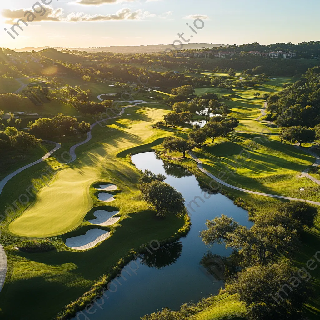 Aerial view of a luxury golf course showcasing lush greenery and water features - Image 3