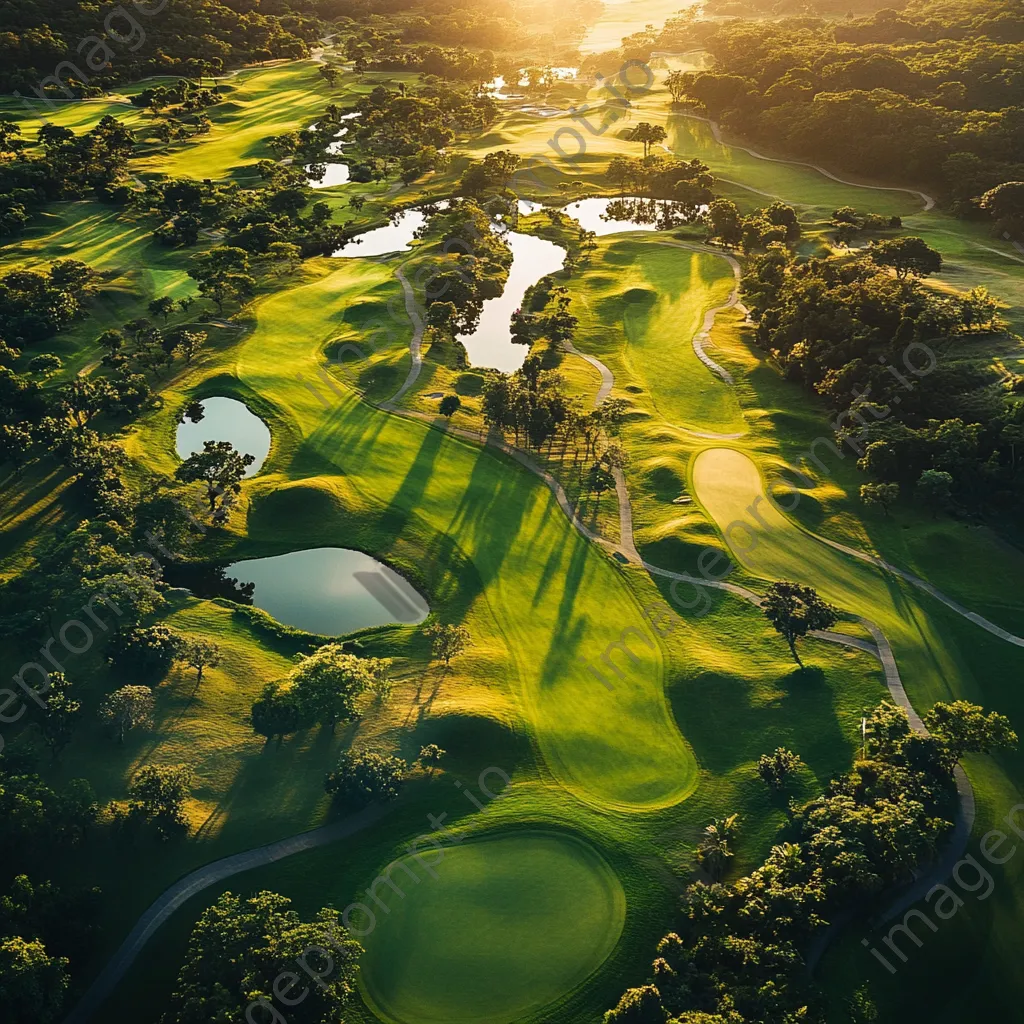 Aerial view of a luxury golf course showcasing lush greenery and water features - Image 4