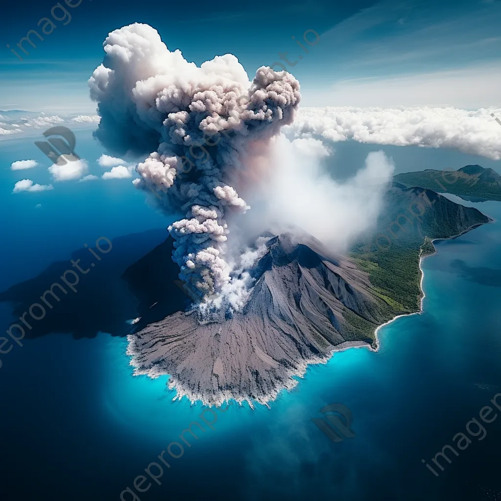 Aerial shot of a volcano erupting ash clouds into a blue sky - Image 2