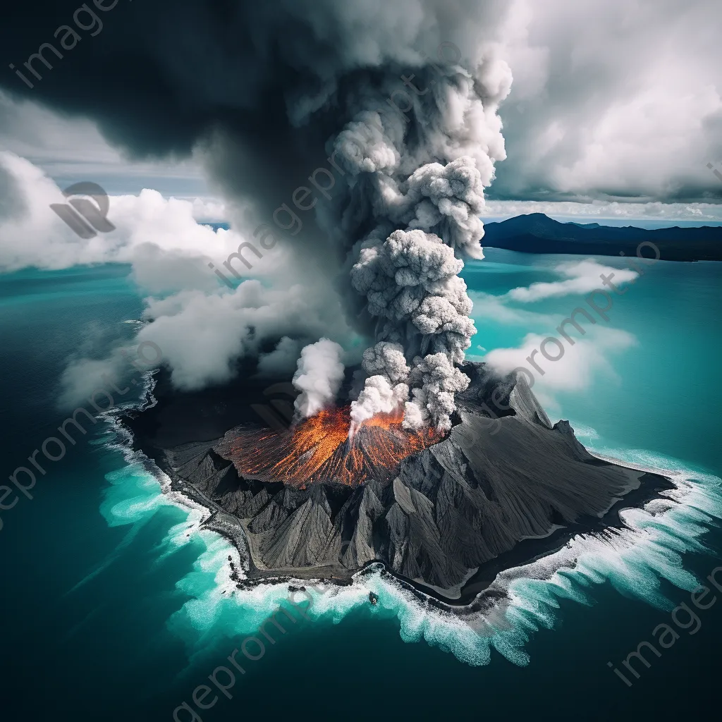 Aerial shot of a volcano erupting ash clouds into a blue sky - Image 3