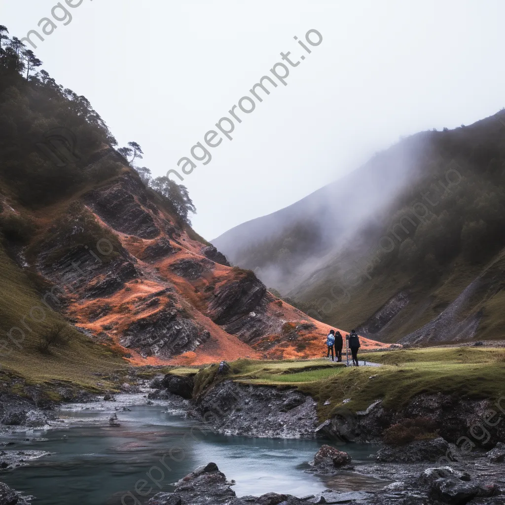 Adventurous visitors relaxing in a misty thermal spring surrounded by rugged terrain. - Image 1