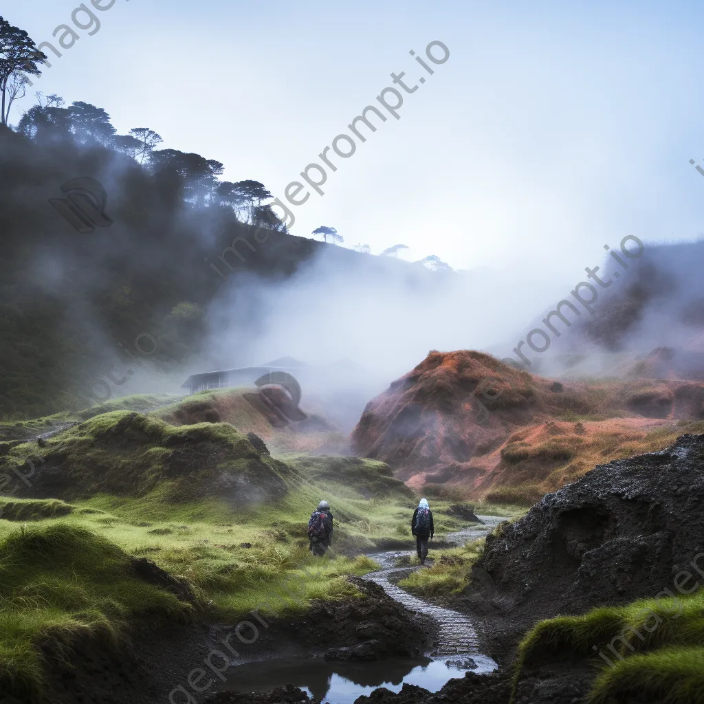 Adventurous visitors relaxing in a misty thermal spring surrounded by rugged terrain. - Image 2