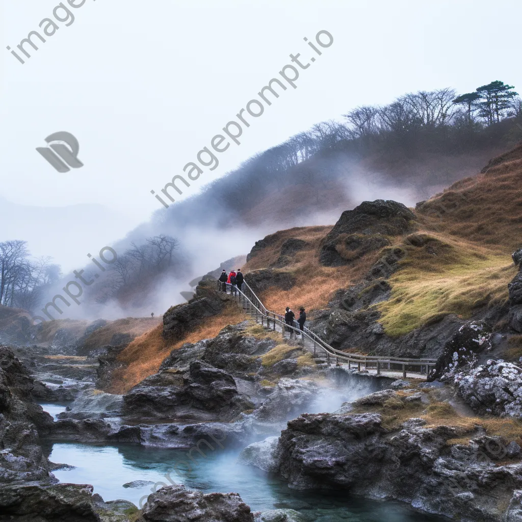 Adventurous visitors relaxing in a misty thermal spring surrounded by rugged terrain. - Image 3