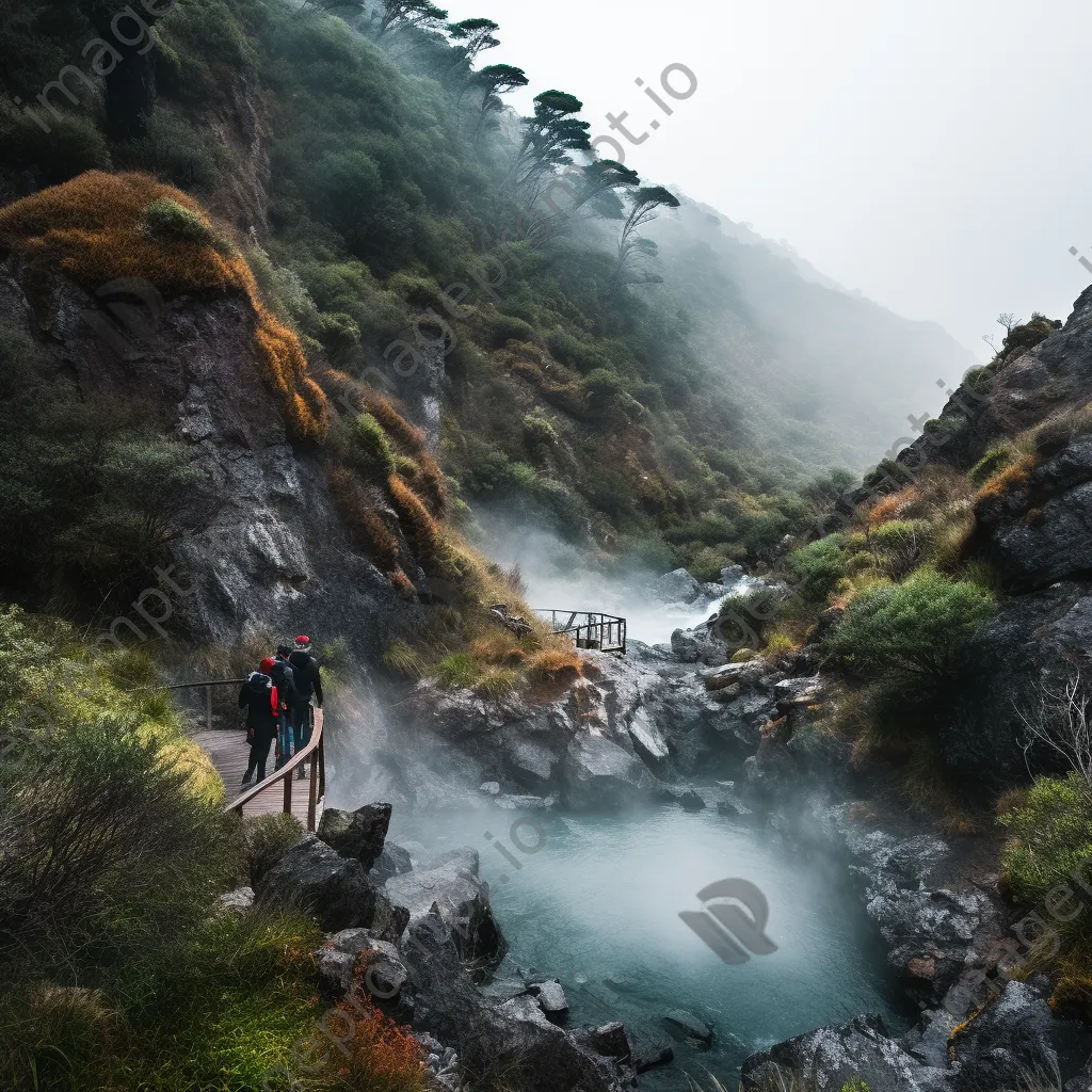 Adventurous visitors relaxing in a misty thermal spring surrounded by rugged terrain. - Image 4