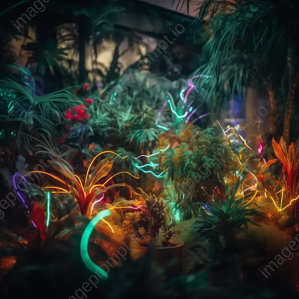 Indoor botanical garden light painting with flora illuminated by colorful lights - Image 3