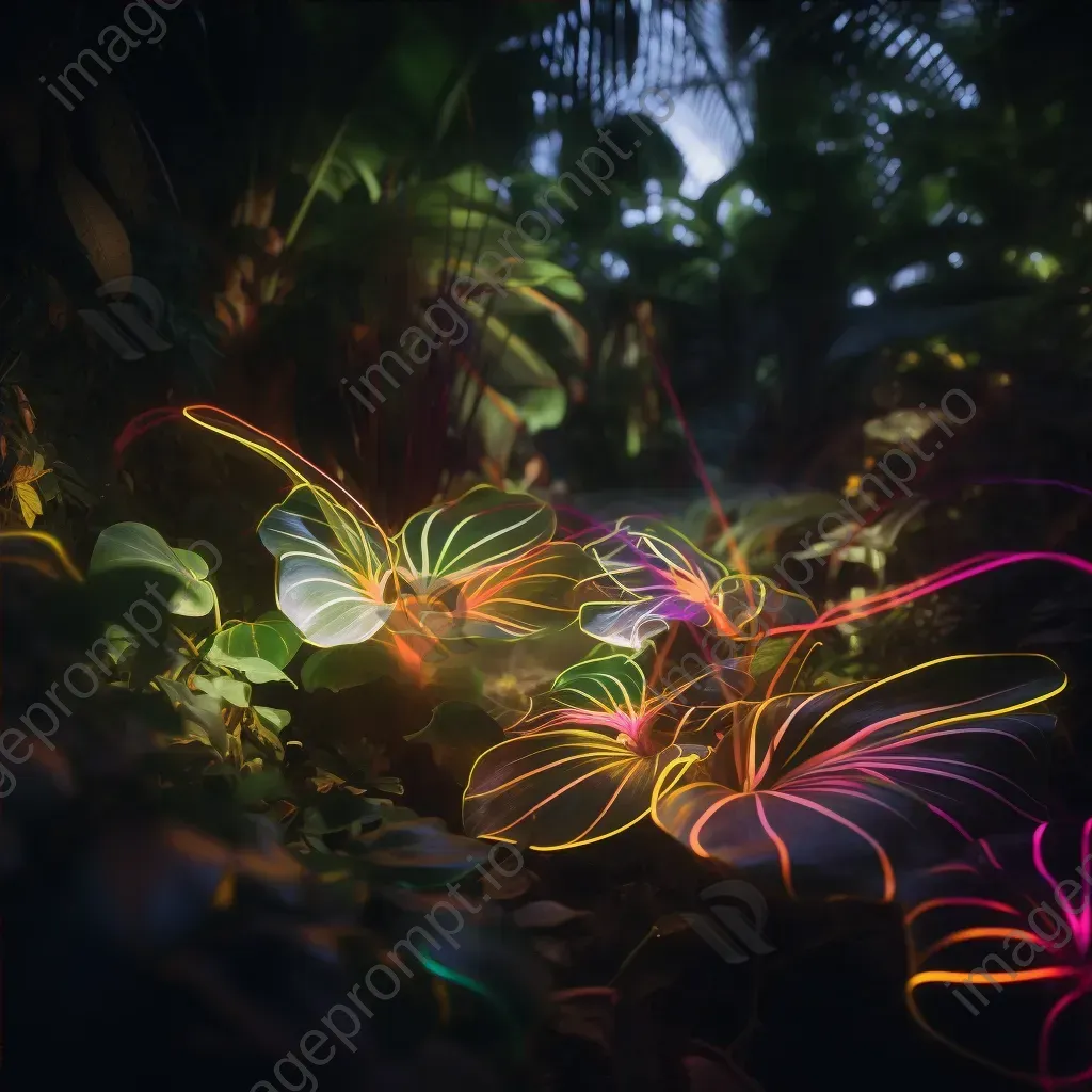 Indoor botanical garden light painting with flora illuminated by colorful lights - Image 4