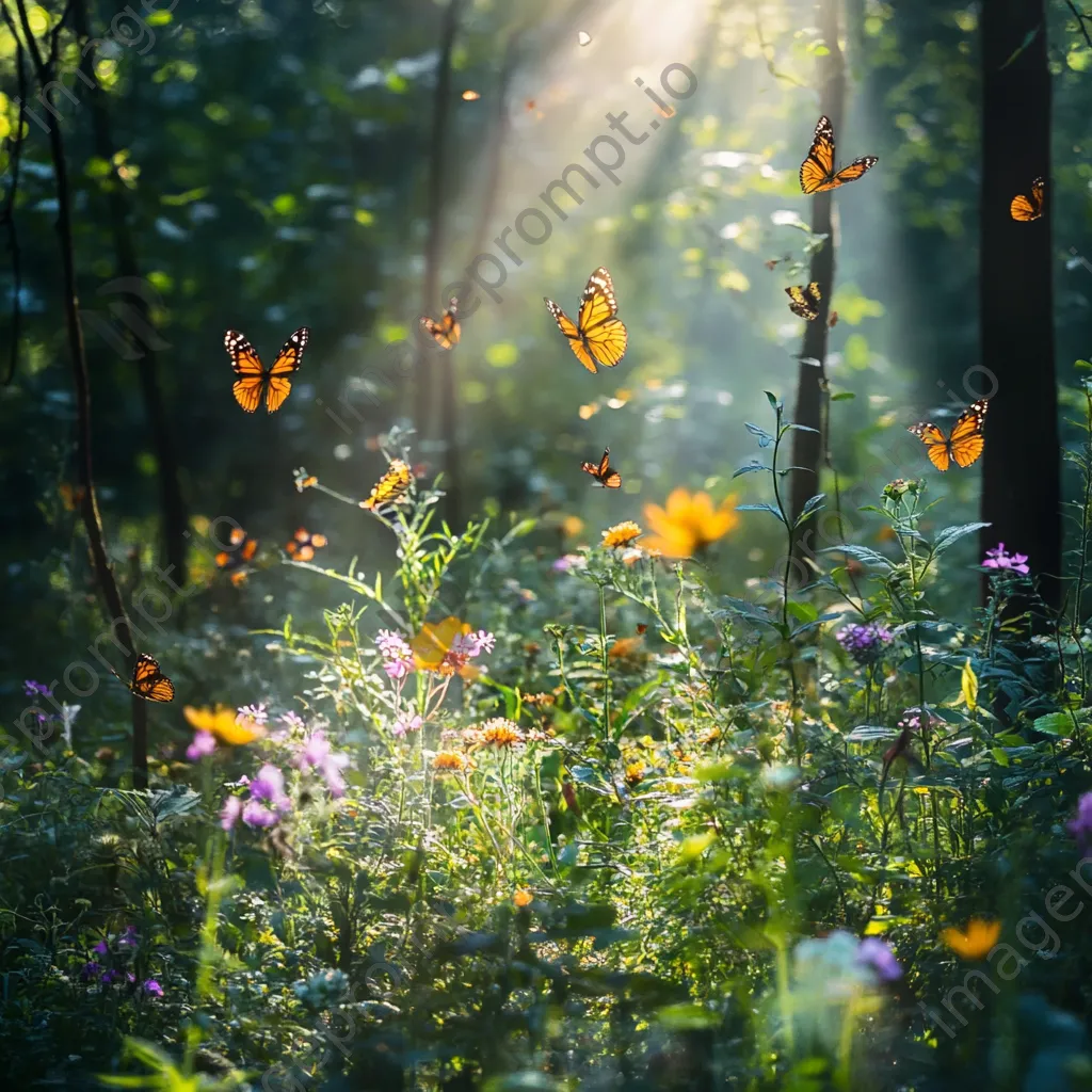 Delicate butterflies fluttering around colorful wildflowers in the forest understory. - Image 1