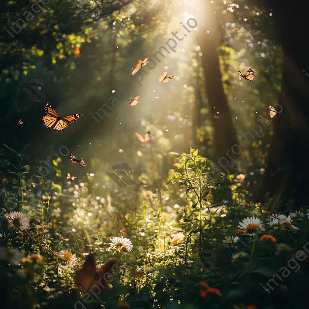 Delicate butterflies fluttering around colorful wildflowers in the forest understory. - Image 2