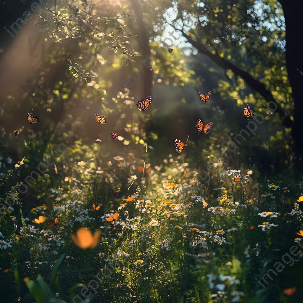 Delicate butterflies fluttering around colorful wildflowers in the forest understory. - Image 3