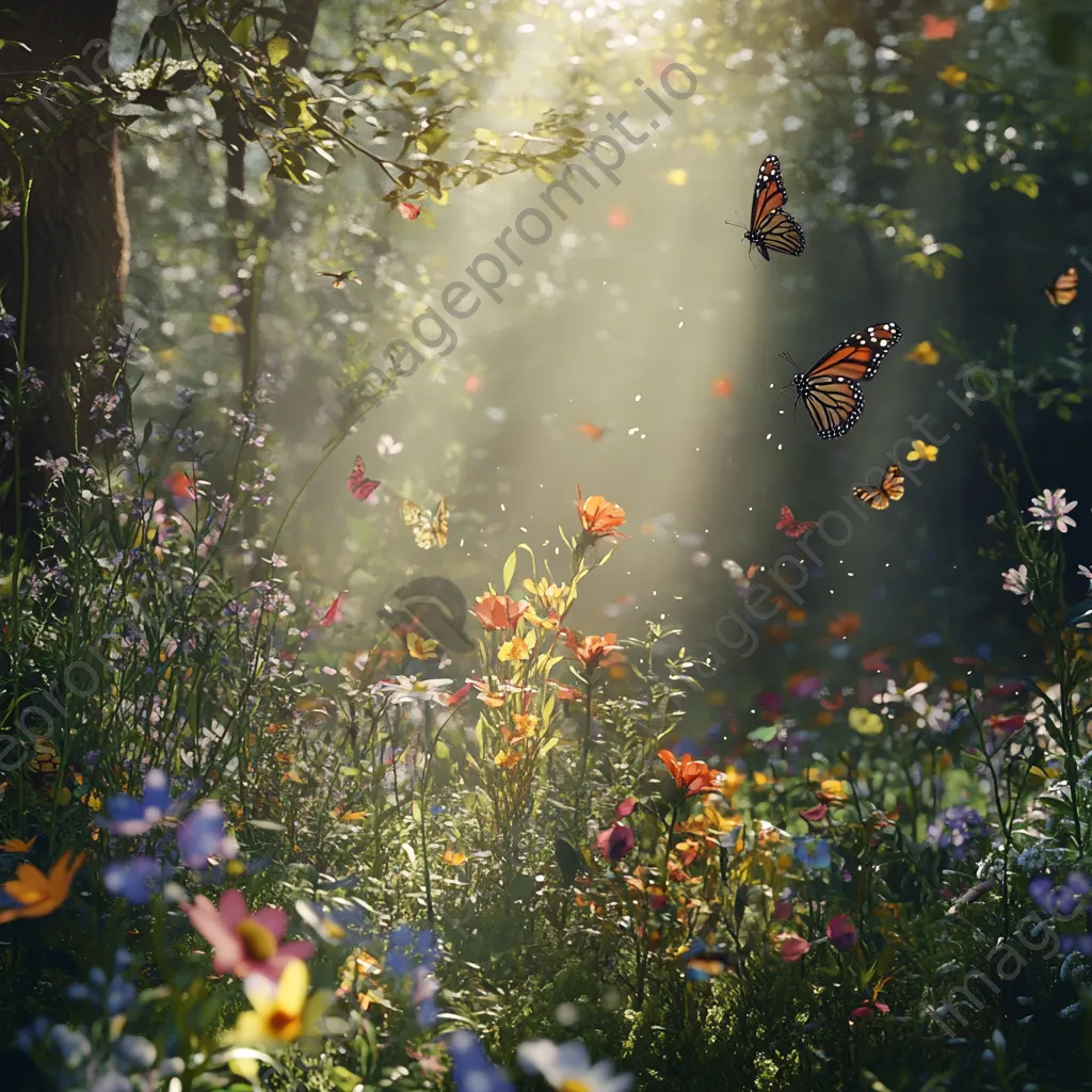 Delicate butterflies fluttering around colorful wildflowers in the forest understory. - Image 4