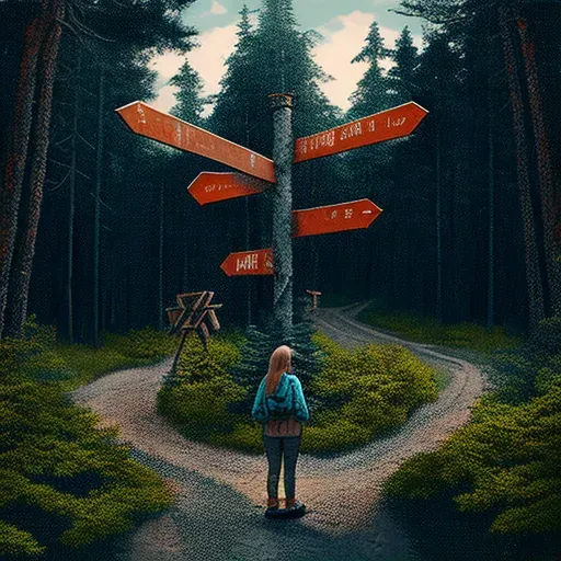 Image of a person standing at the fork of two roads in a forest with a signpost - Image 1