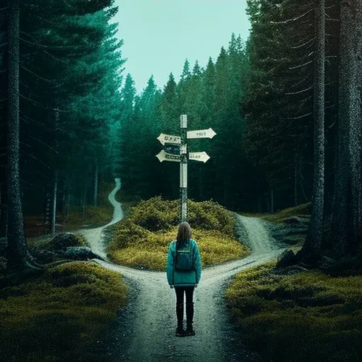 Image of a person standing at the fork of two roads in a forest with a signpost - Image 3