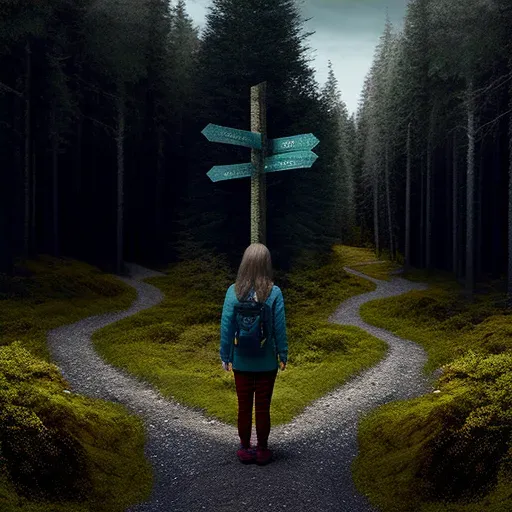 Image of a person standing at the fork of two roads in a forest with a signpost - Image 4