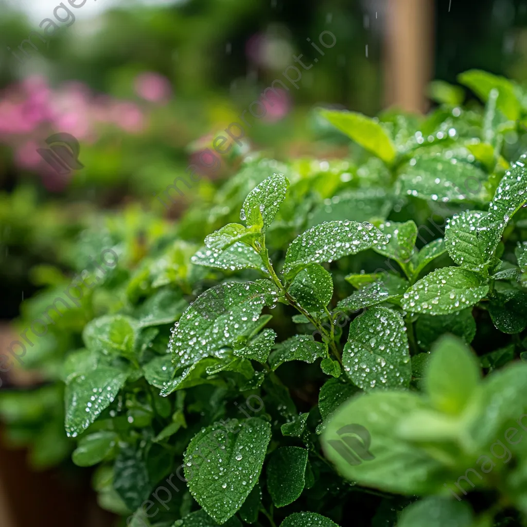 Traditional herb garden with raindrops on leaves - Image 3