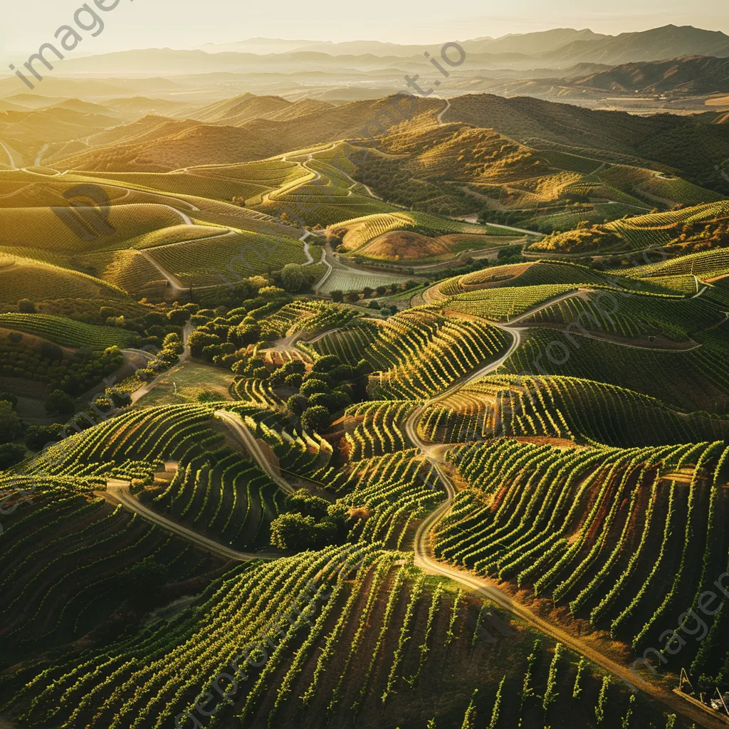 Aerial view of vineyards winding through hills at sunset - Image 1