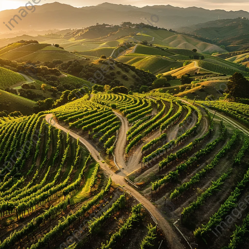 Aerial view of vineyards winding through hills at sunset - Image 3