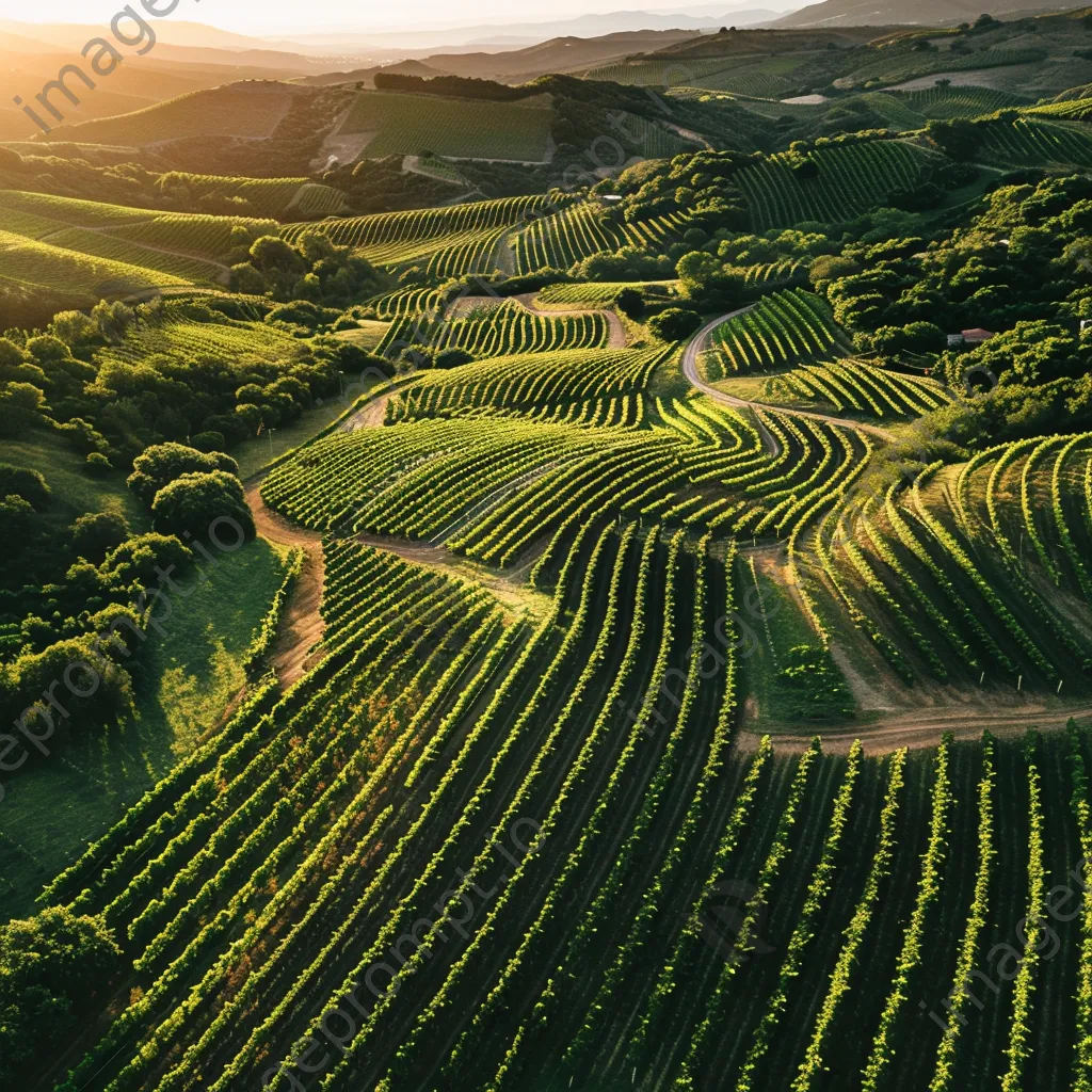 Aerial view of vineyards winding through hills at sunset - Image 4