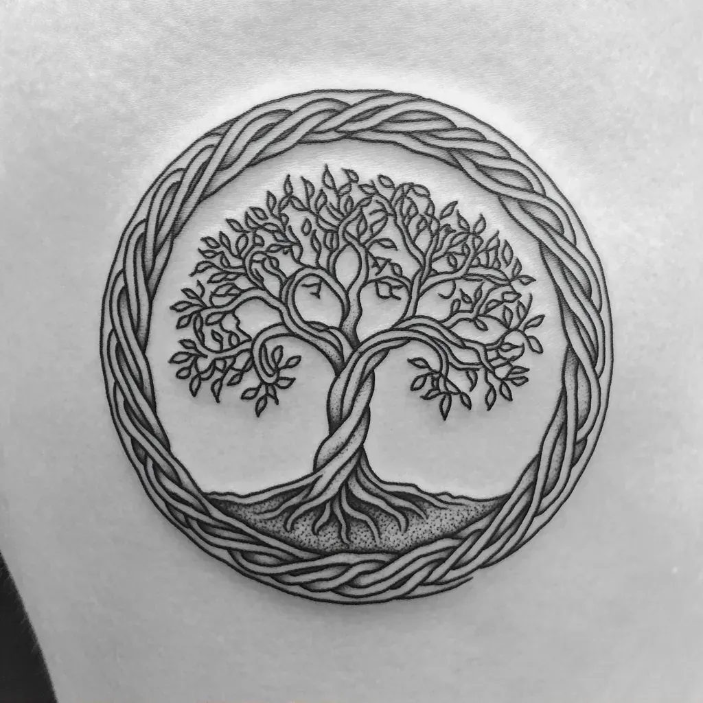 Intricate Celtic tree of life tattoo within a circular frame - Image 2