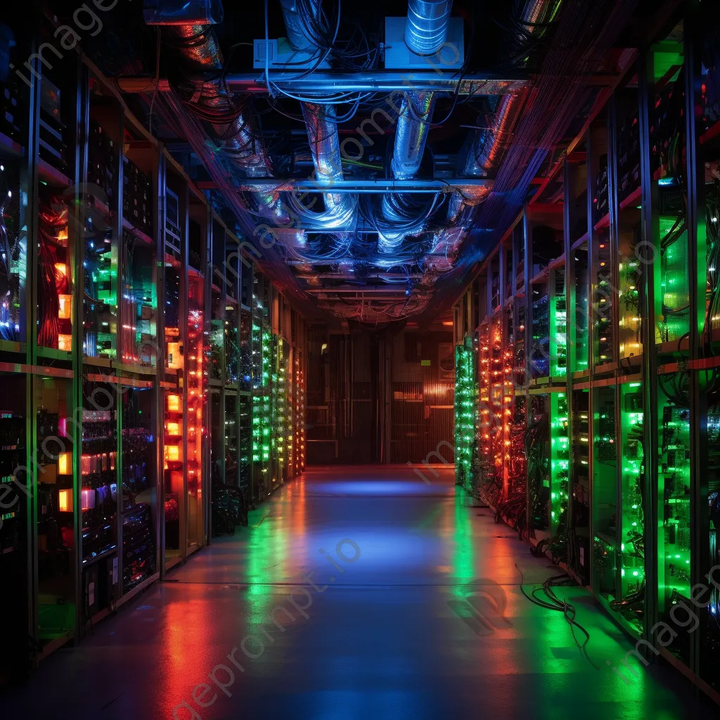 Aerial view of a cloud storage facility with fiber optic cables and organized racks. - Image 1