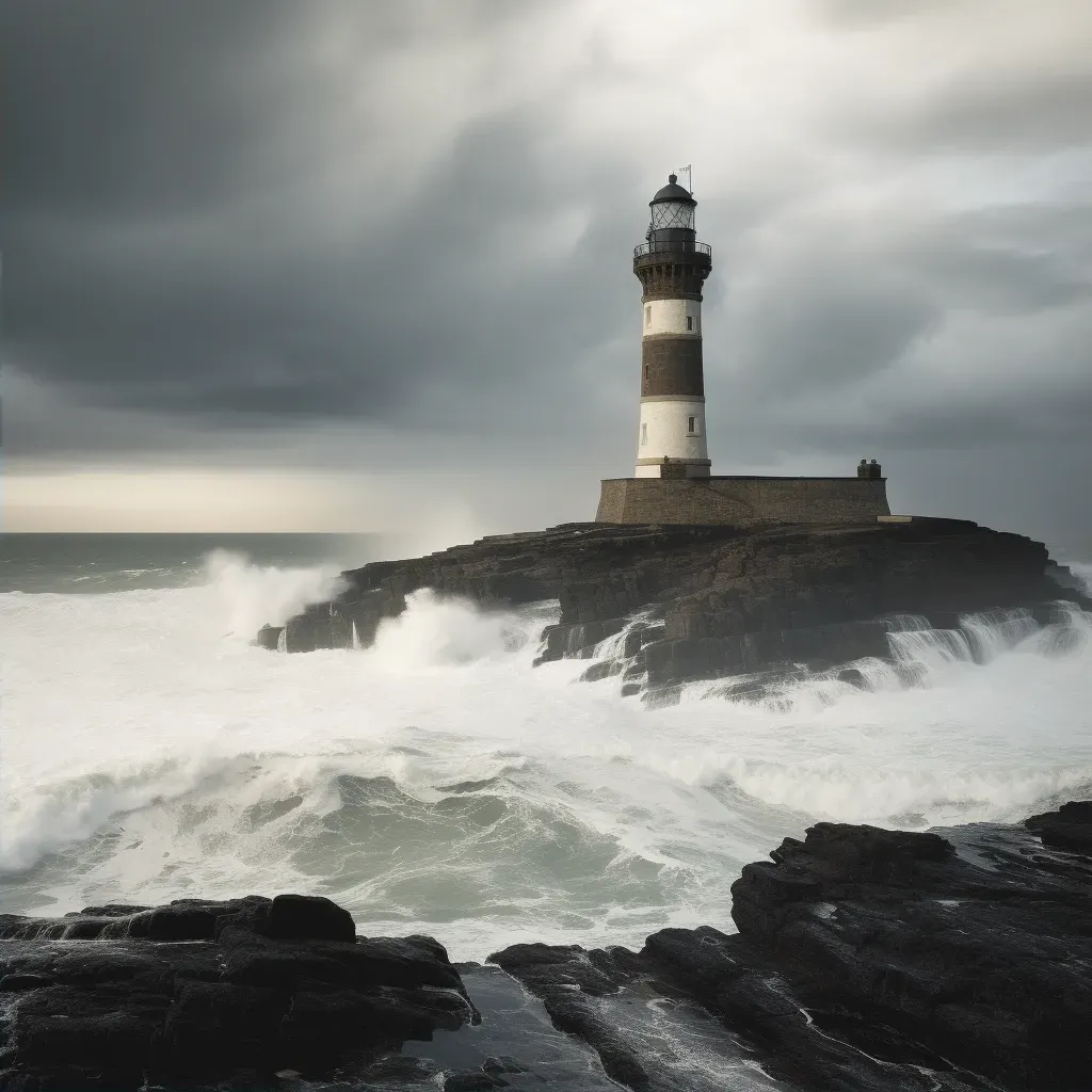 Lighthouse on rocky coastline under stormy sky with crashing waves - Image 2