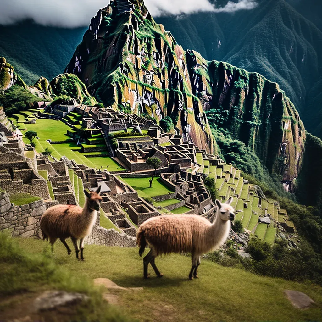 Machu Picchu ancient ruins with llamas grazing on the mountainside - Image 1