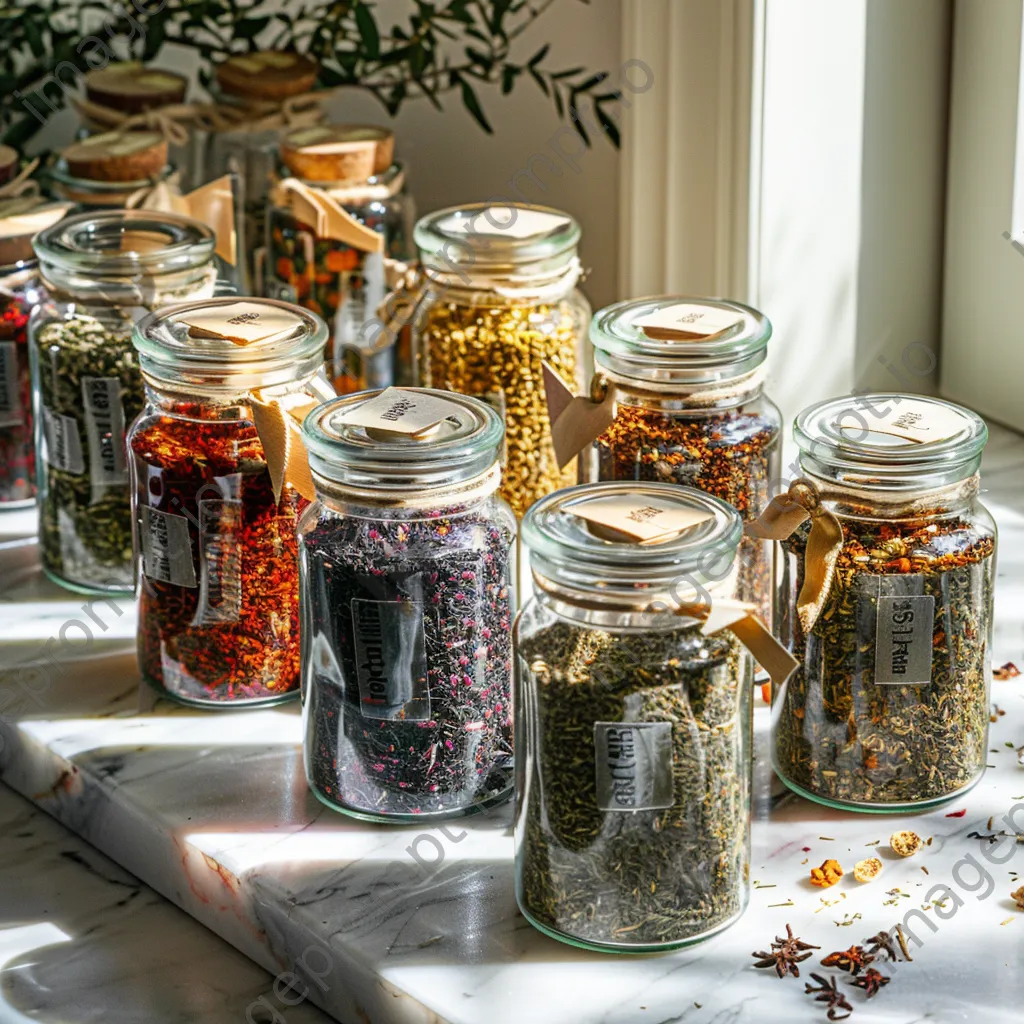 Glass jars of colorful tea blends on a marble counter. - Image 2