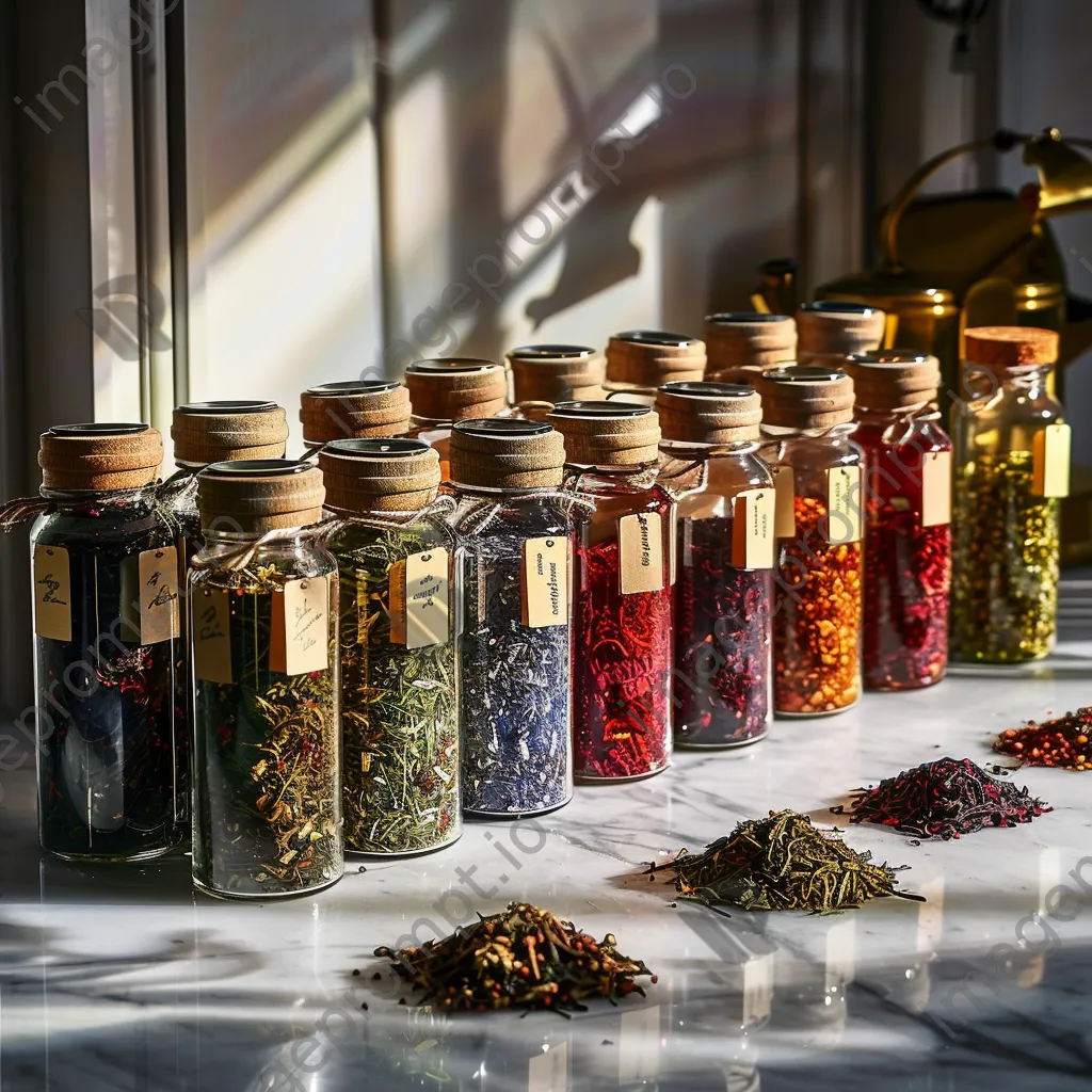 Glass jars of colorful tea blends on a marble counter. - Image 3