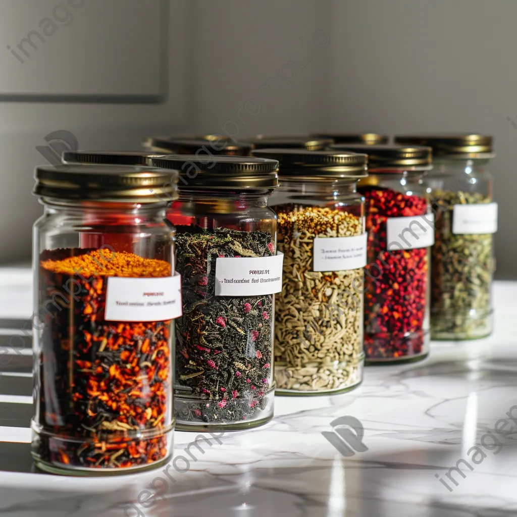 Glass jars of colorful tea blends on a marble counter. - Image 4