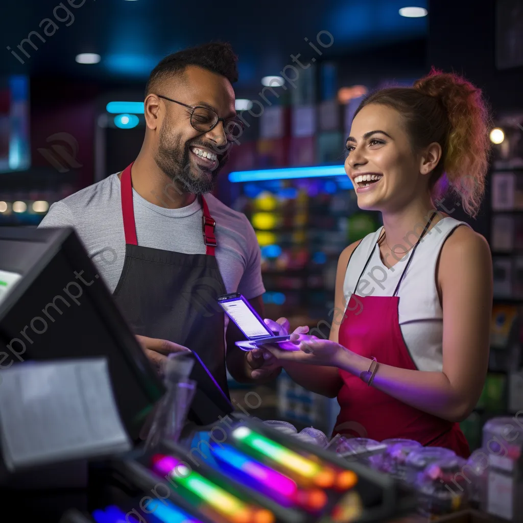 Cashier assisting a customer during a payment transaction in a retail store. - Image 1