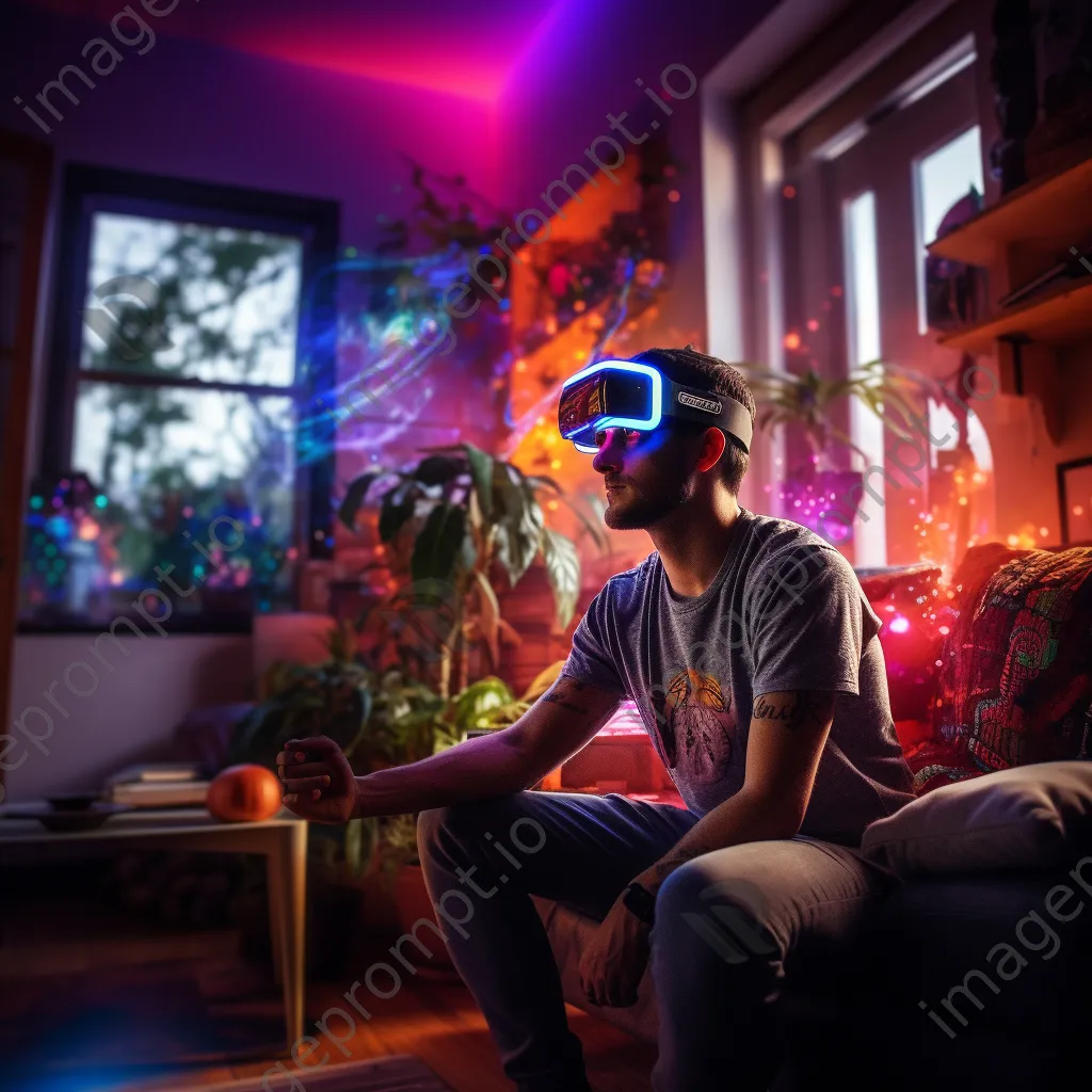 Man using AR glasses for VR experience in bright living room - Image 1